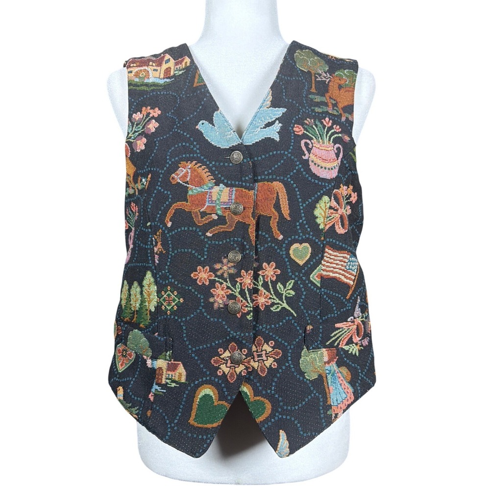 Karen Scott Vest Women Medium Vintage Folk Art Horse Black Tapestry Button Front